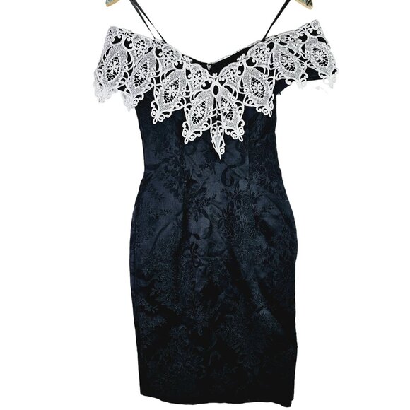 Vintage 1980's Scott McClintock Jacquard Satin Lace Off the Shoulder Dress, Sz 4 - Picture 2 of 8